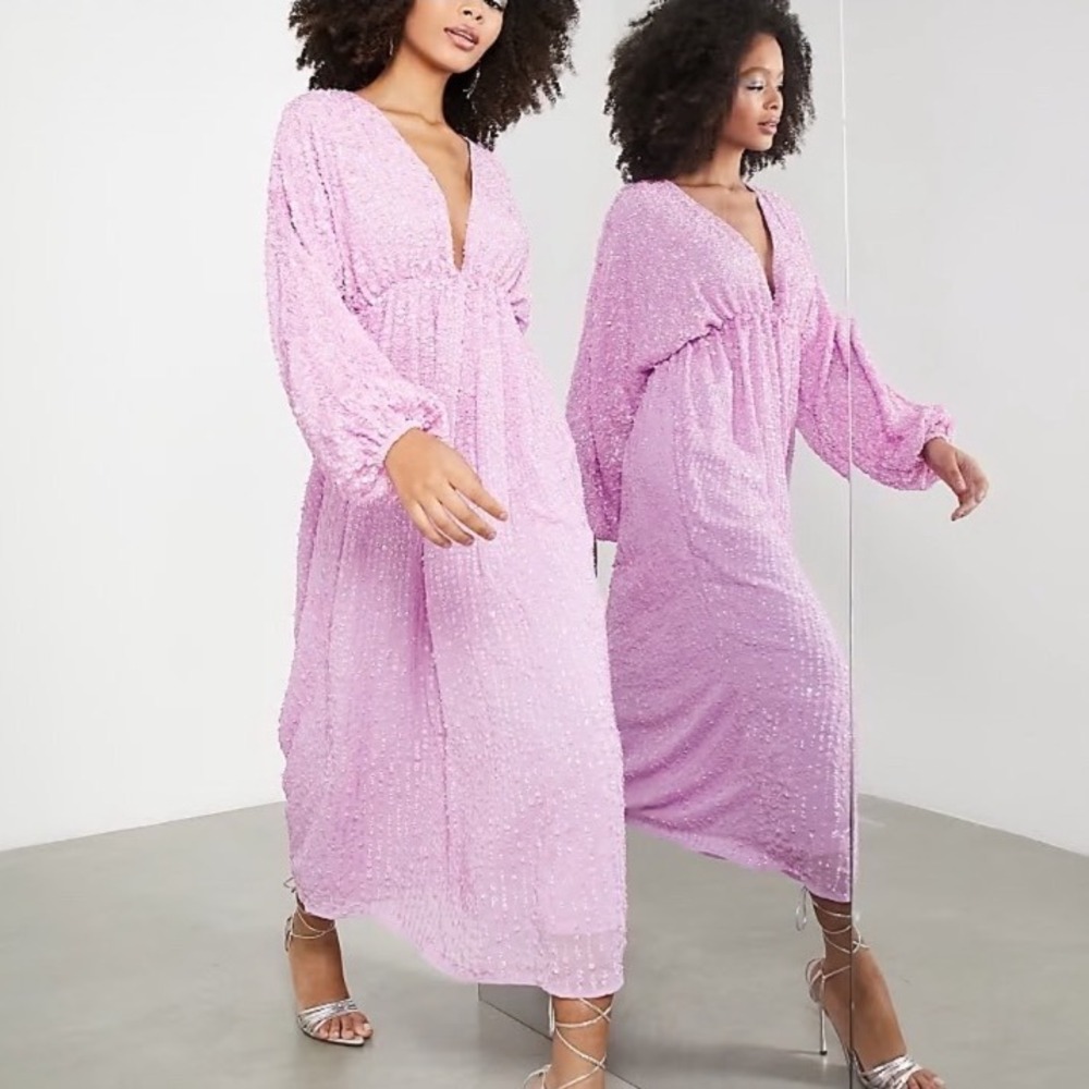 ASOS EDITION Pink Sequin V Neck Blouson Sleeve Midi Dress US 2 NEW cocktail prom